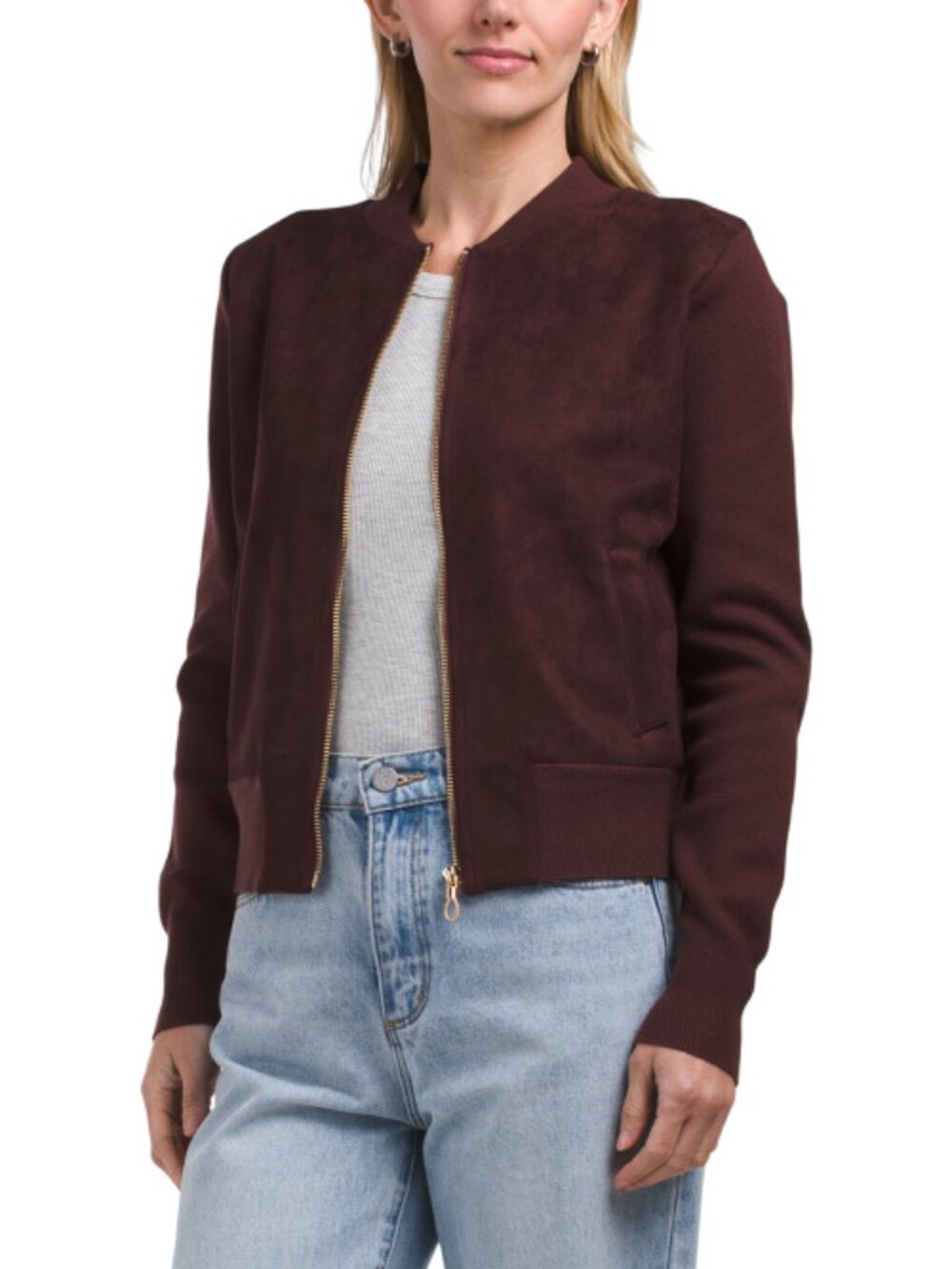 LA VILA MILANO Faux Suede Zip Up Bomber Jacket